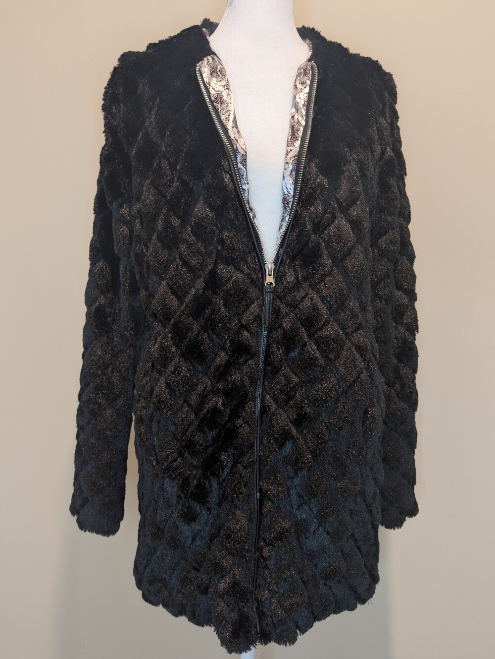 Me Jane Black Quilted Teddy Faux-Fur Zip Jacket